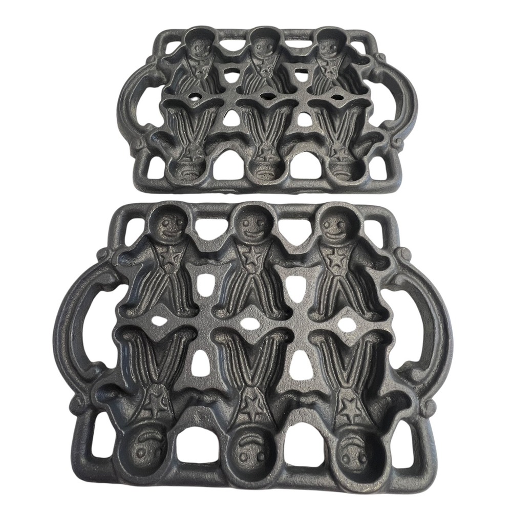 2 Cast Iron‎ Mold Gingerbread Men Vintage Corn Bread Muffin Pan Christmasf